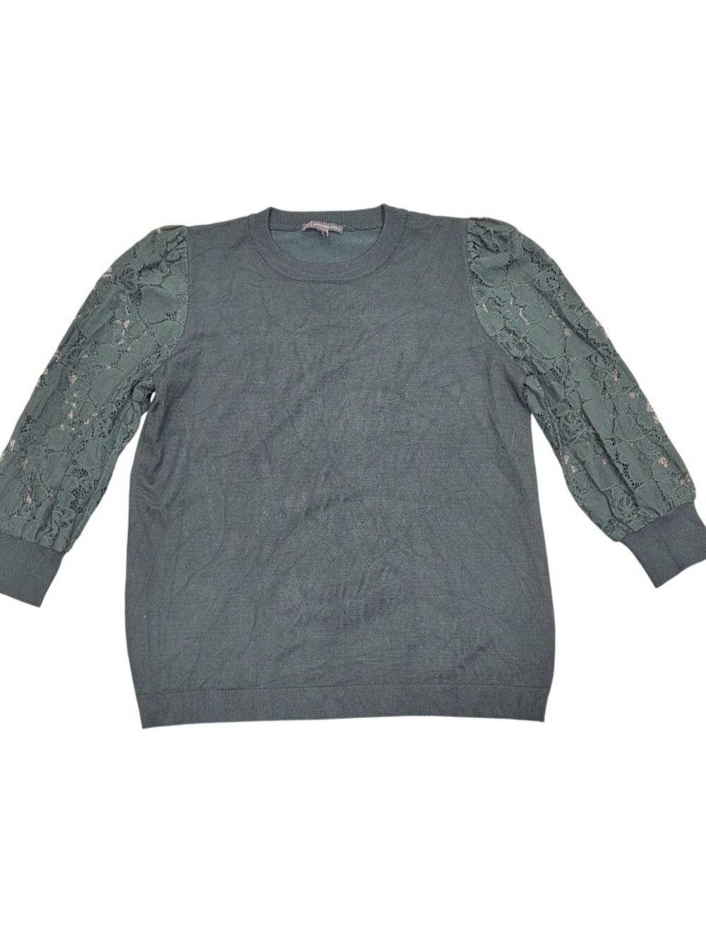 Adrianna Papell Lace Sleeve Knit Top Green Medium Elegant Crewneck